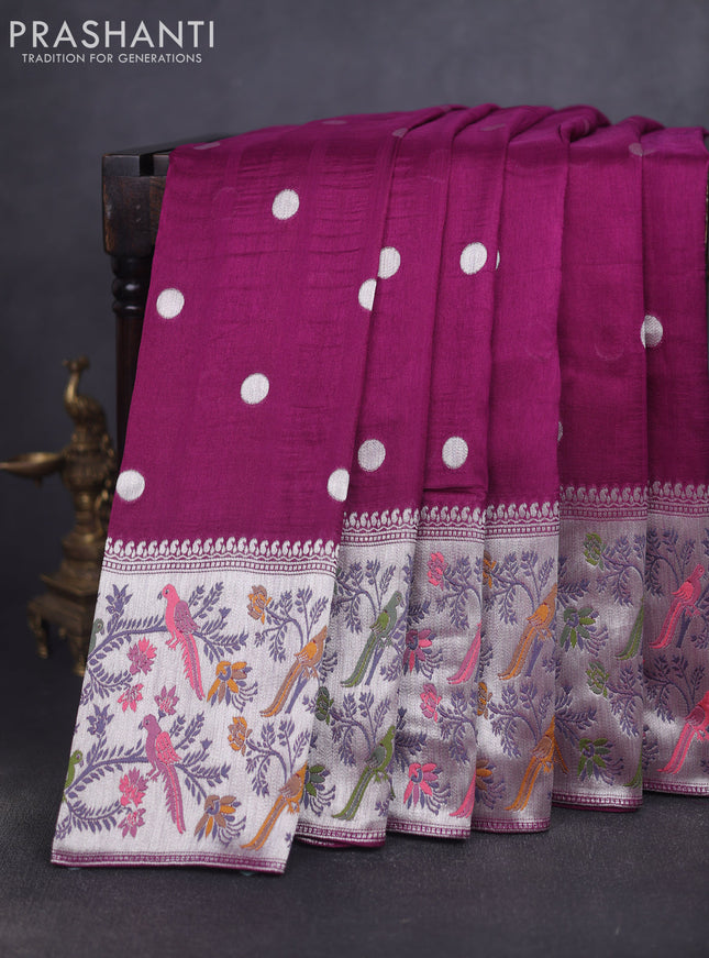 Banarasi raw silk saree purple with silver zari woven geometric buttas and long silver zari woven border