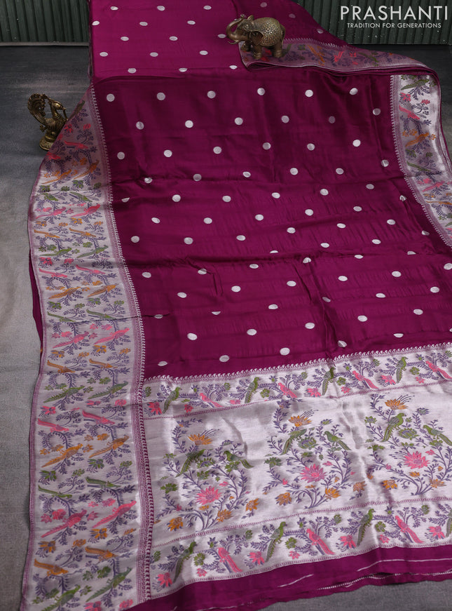 Banarasi raw silk saree purple with silver zari woven geometric buttas and long silver zari woven border