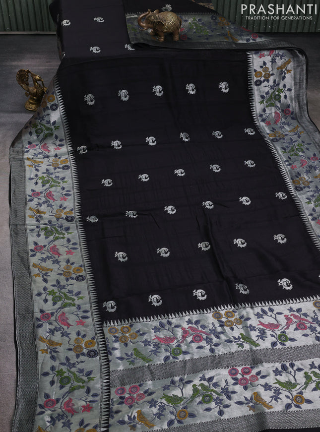 Banarasi raw silk saree black with silver zari woven peacock buttas and long silver zari woven border