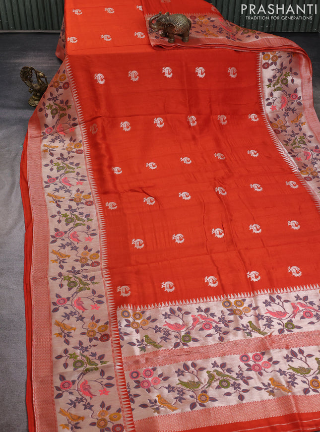 Banarasi raw silk saree orange with silver zari woven peacock buttas and long silver zari woven border