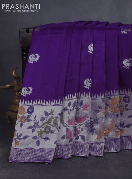 Banarasi raw silk saree violet with silver zari woven peacock buttas and long silver zari woven border
