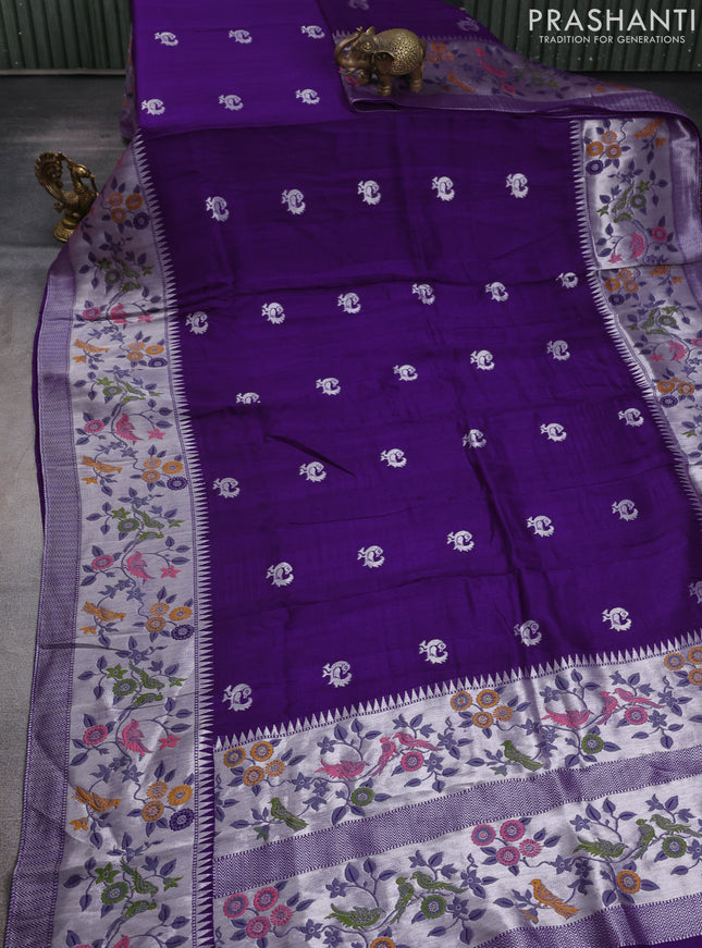 Banarasi raw silk saree violet with silver zari woven peacock buttas and long silver zari woven border