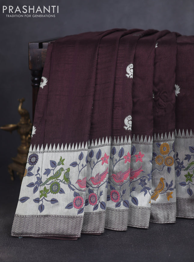 Banarasi raw silk saree coffee brown with silver zari woven peacock buttas and long silver zari woven border