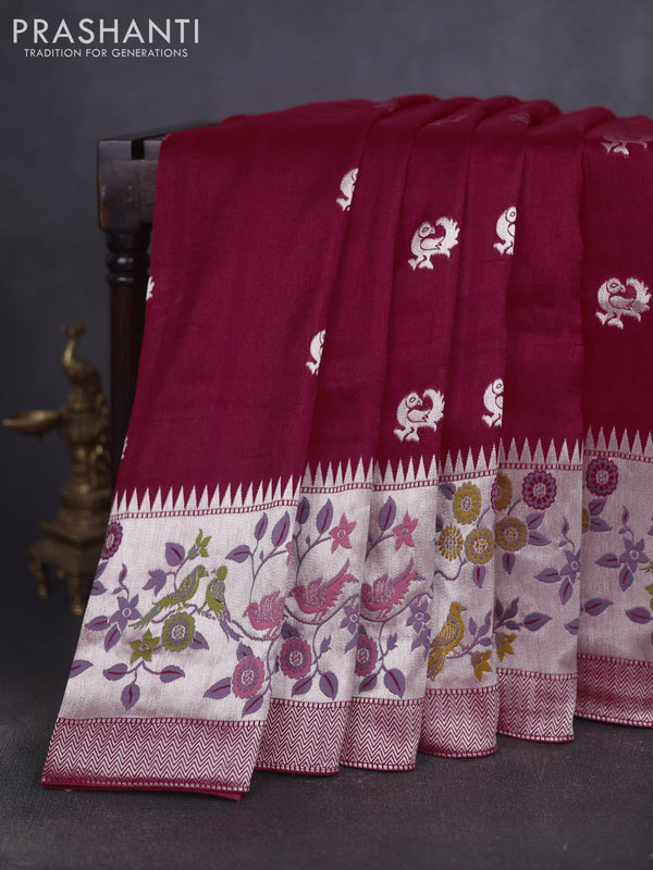 Banarasi raw silk saree red with silver zari woven peacock buttas and long silver zari woven border