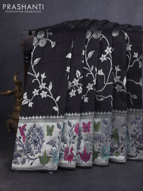 Banarasi raw silk saree black with allover floral silver zari weaves and thread & silver zari woven border