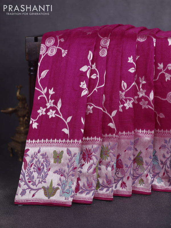 Banarasi raw silk saree pink with allover floral silver zari weaves and thread & silver zari woven border