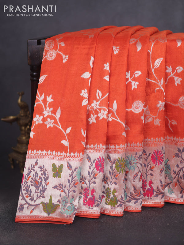 Banarasi raw silk saree orange with allover floral silver zari weaves and thread & silver zari woven border