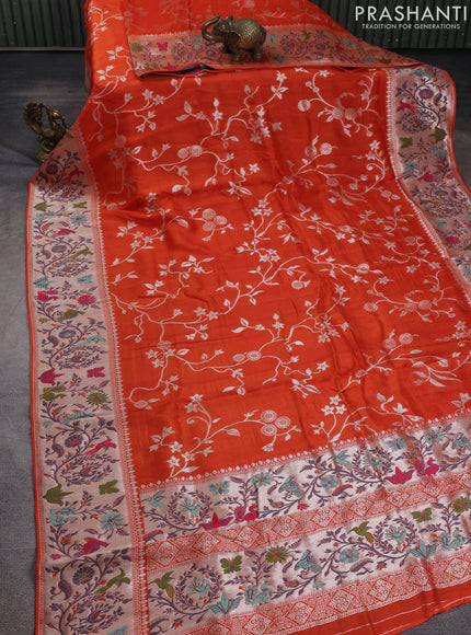 Banarasi raw silk saree orange with allover floral silver zari weaves and thread & silver zari woven border