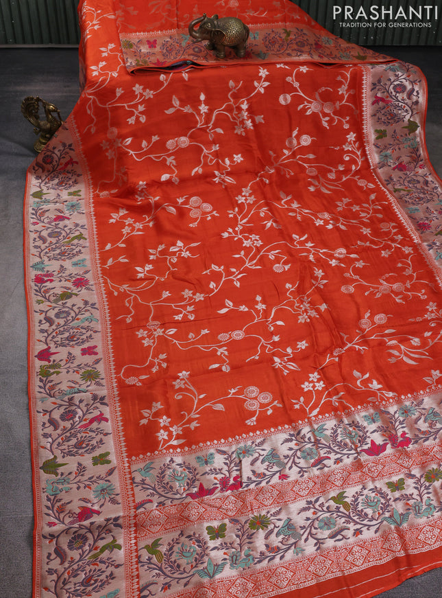 Banarasi raw silk saree orange with allover floral silver zari weaves and thread & silver zari woven border