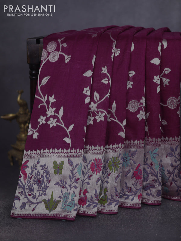 Banarasi raw silk saree wine shade with allover floral silver zari weaves and thread & silver zari woven border
