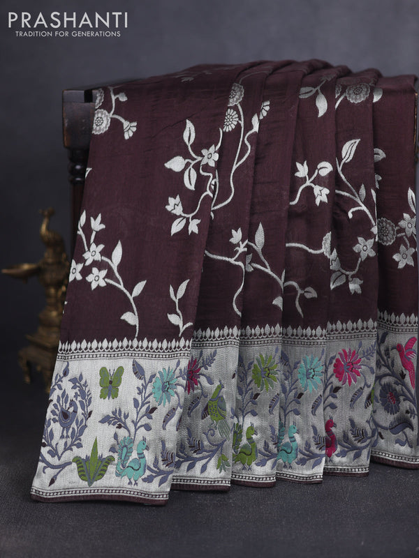 Banarasi raw silk saree coffee brown with allover floral silver zari weaves and thread & silver zari woven border
