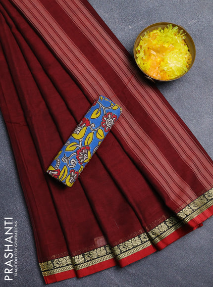 Narayanpet cotton saree deep maroon and blue with plain body and thread woven border