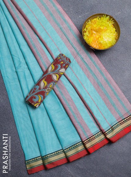 Narayanpet cotton saree teal green and maroon with plain body and thread woven border