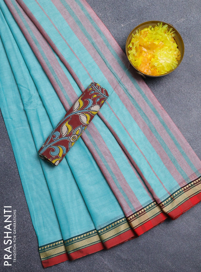 Narayanpet cotton saree teal green and maroon with plain body and thread woven border