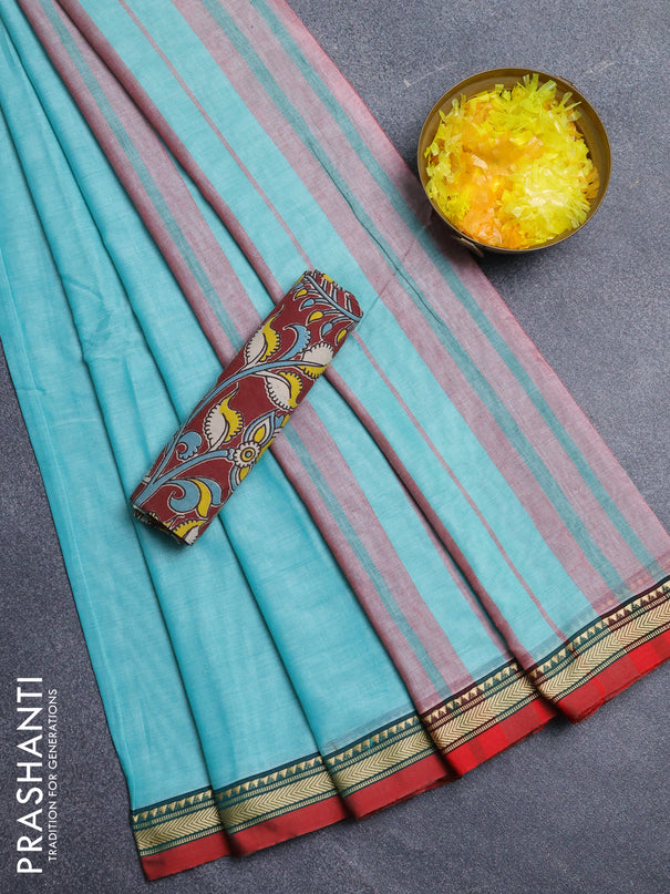 Narayanpet cotton saree teal green and maroon with plain body and thread woven border
