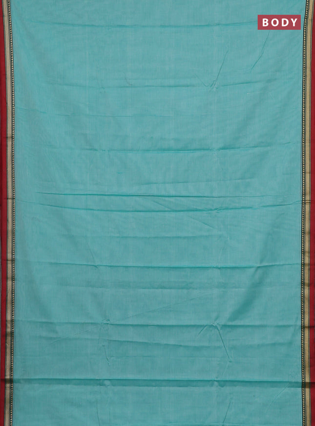 Narayanpet cotton saree teal green and maroon with plain body and thread woven border