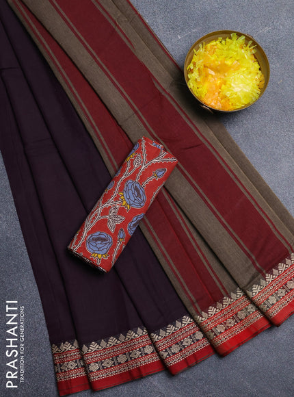 Narayanpet cotton saree wine shade and maroon with plain body and thread woven border