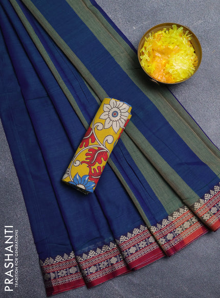 Narayanpet cotton saree dual shade of bluish green and yellow with plain body and thread woven border