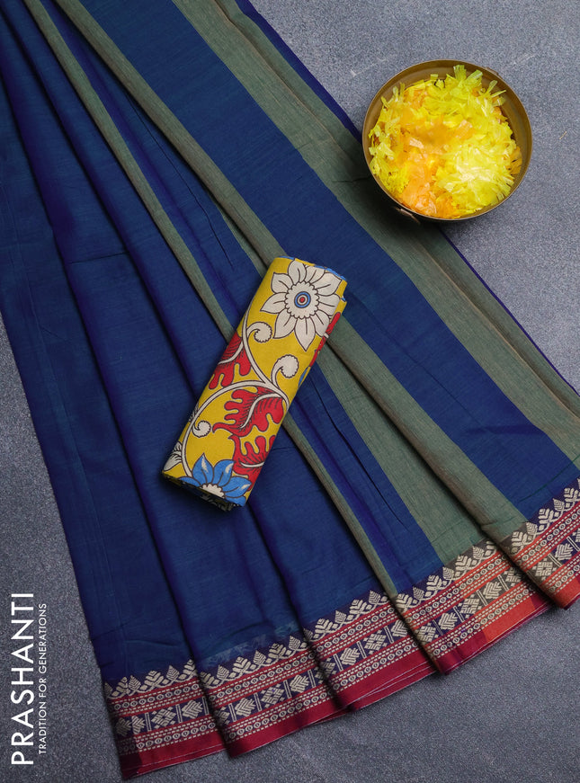 Narayanpet cotton saree dual shade of bluish green and yellow with plain body and thread woven border