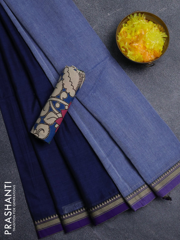 Narayanpet cotton saree navy blue and beige with plain body and thread woven border