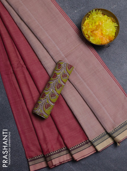 Narayanpet cotton saree dual shade of pink and light green with plain body and thread woven border