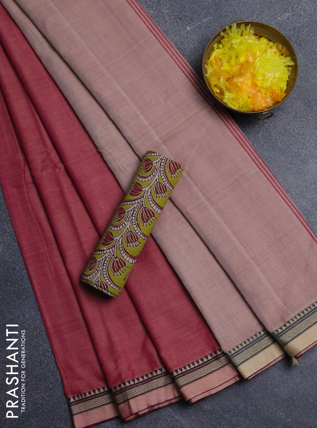 Narayanpet cotton saree dual shade of pink and light green with plain body and thread woven border