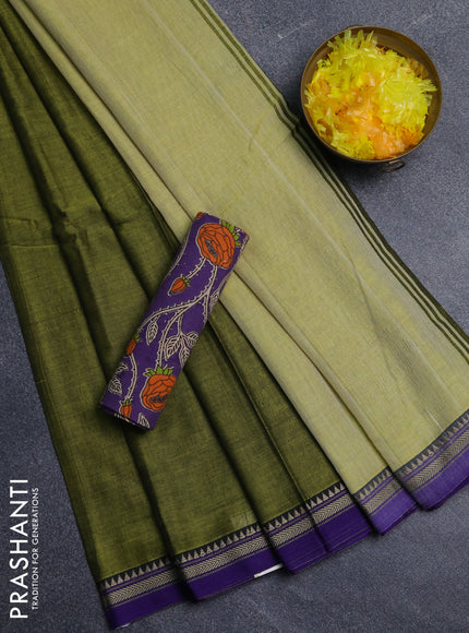 Narayanpet cotton saree light green and lavender with plain body and thread woven border