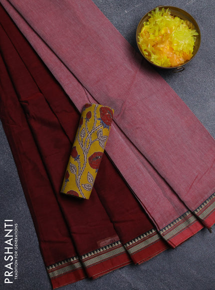 Narayanpet cotton saree maroon and yellow with plain body and long thread woven border