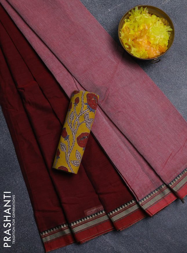 Narayanpet cotton saree maroon and yellow with plain body and long thread woven border