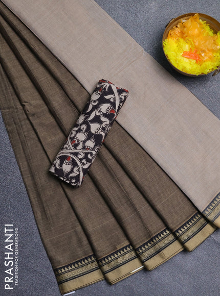 Narayanpet cotton saree chikku shade and black with plain body and long thread woven border