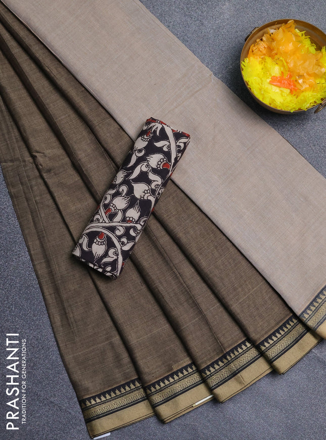 Narayanpet cotton saree chikku shade and black with plain body and long thread woven border