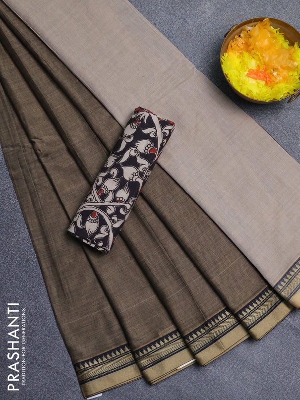 Narayanpet cotton saree chikku shade and black with plain body and long thread woven border