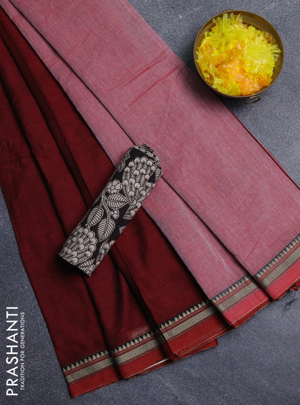 Narayanpet cotton saree deep maroon and black with plain body and thread woven border