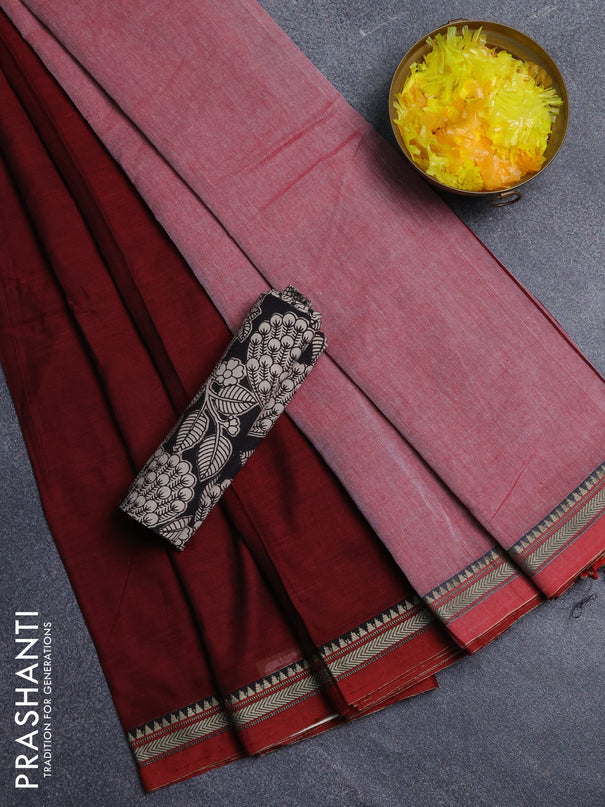 Narayanpet cotton saree deep maroon and black with plain body and thread woven border