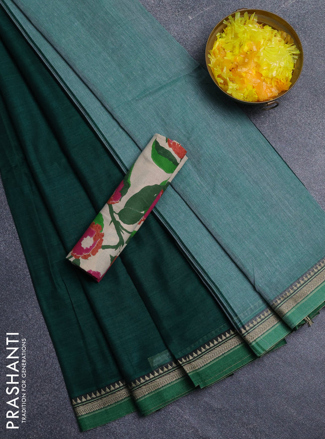 Narayanpet cotton saree green and beige with plain body and thread woven border
