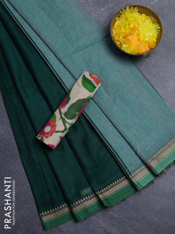 Narayanpet cotton saree green and beige with plain body and thread woven border