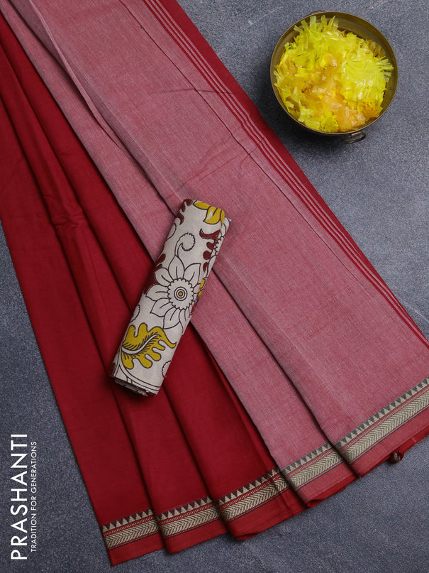 Narayanpet cotton saree red  and beige with plain body and thread woven border