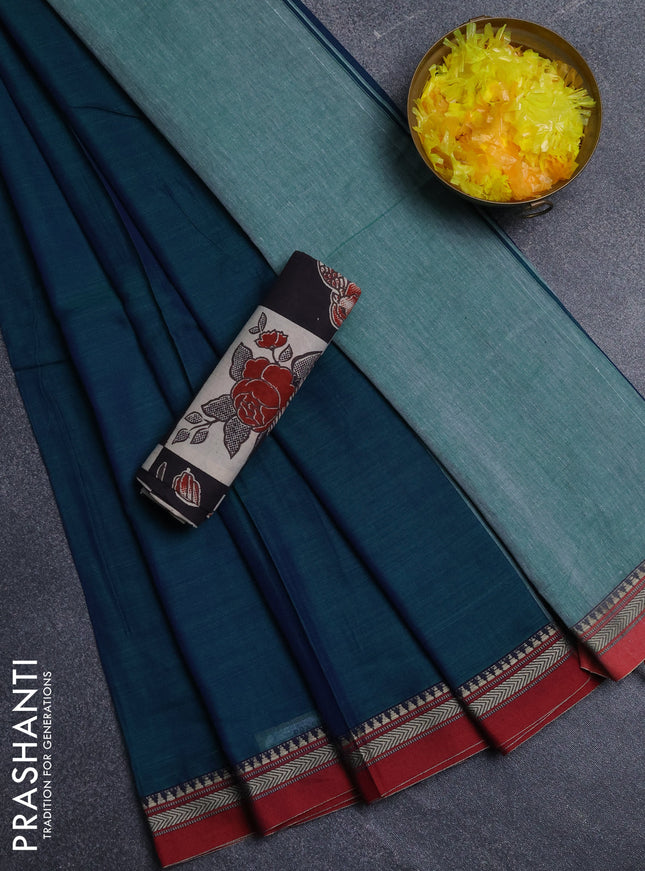 Narayanpet cotton saree dual shade of bluish green and black with plain body and thread woven border