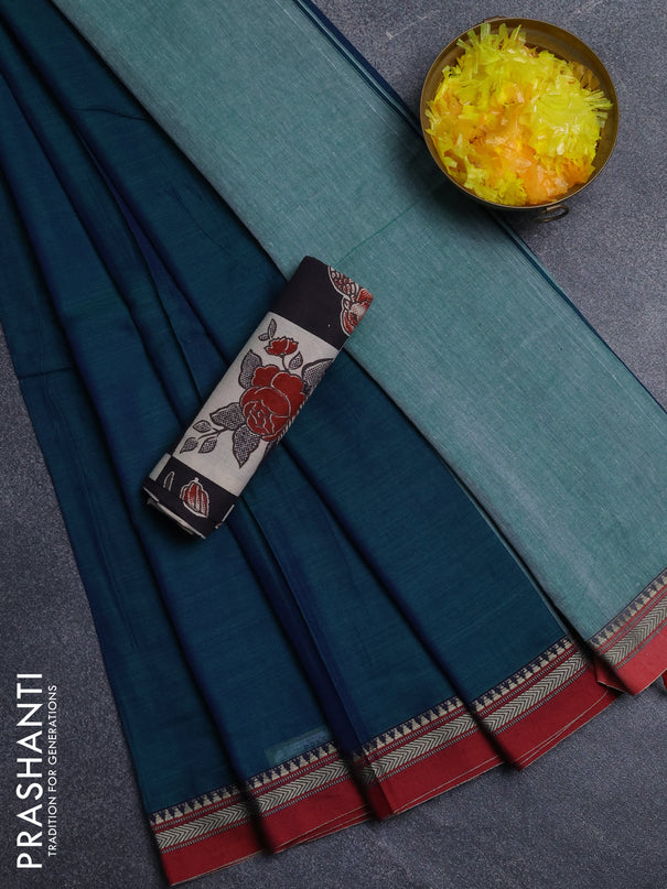 Narayanpet cotton saree dual shade of bluish green and black with plain body and thread woven border