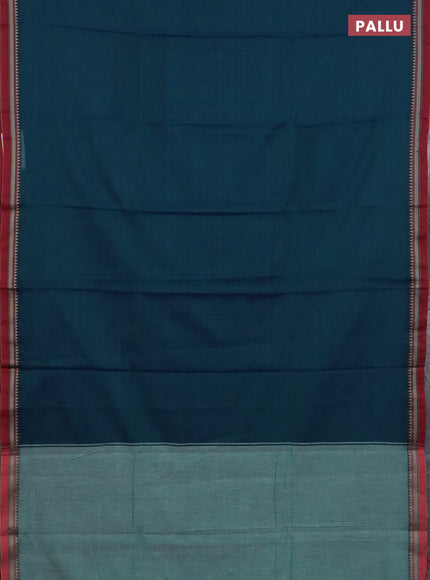 Narayanpet cotton saree dual shade of bluish green and black with plain body and thread woven border