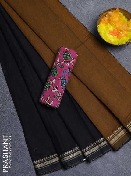 Narayanpet cotton saree black and pink with plain body and thread woven border