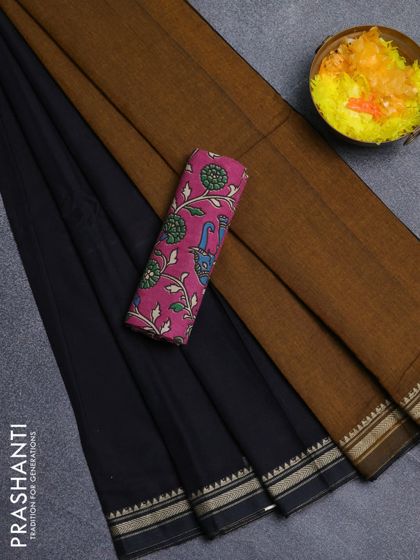Narayanpet cotton saree black and pink with plain body and thread woven border