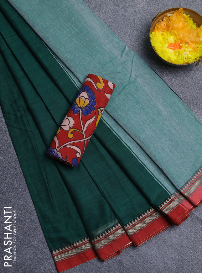 Narayanpet cotton saree green and maroon with plain body and thread woven border