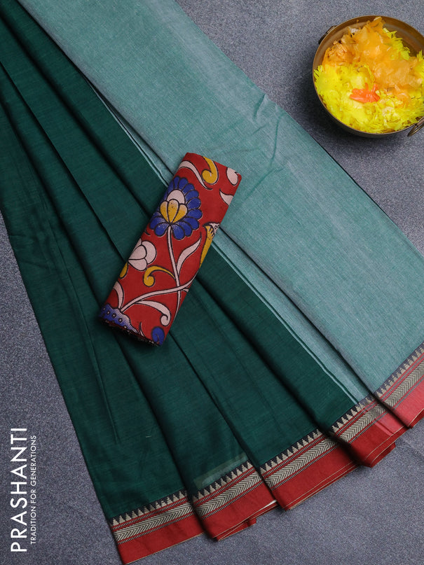 Narayanpet cotton saree green and maroon with plain body and thread woven border