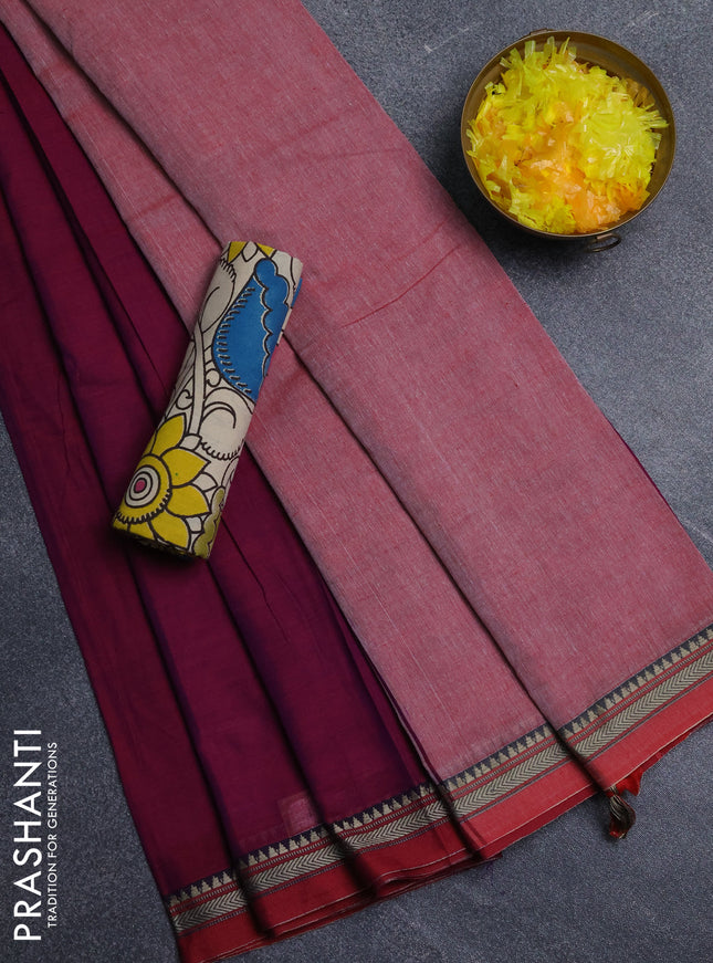 Narayanpet cotton saree purple and beige with plain body and thread woven border