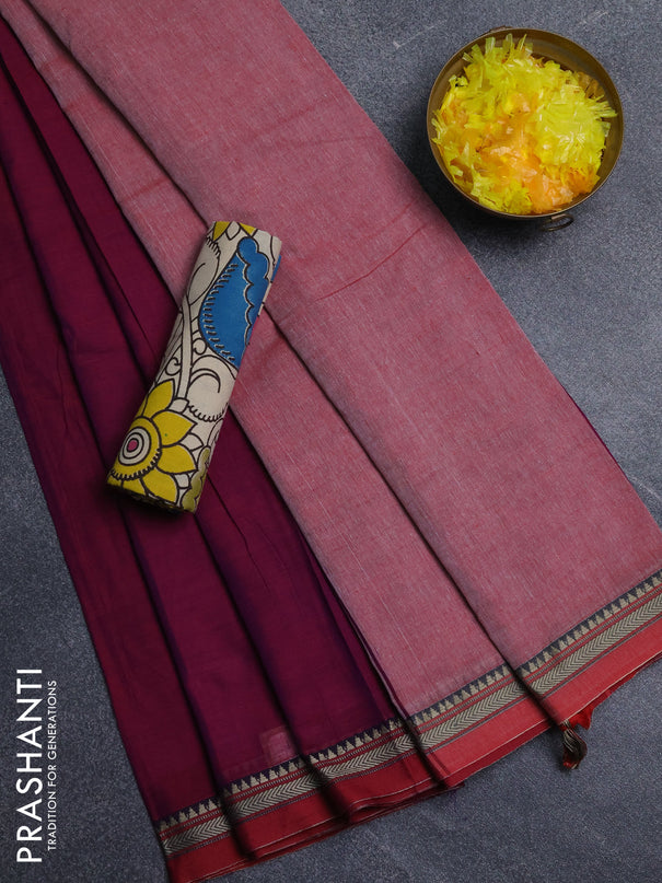 Narayanpet cotton saree purple and beige with plain body and thread woven border