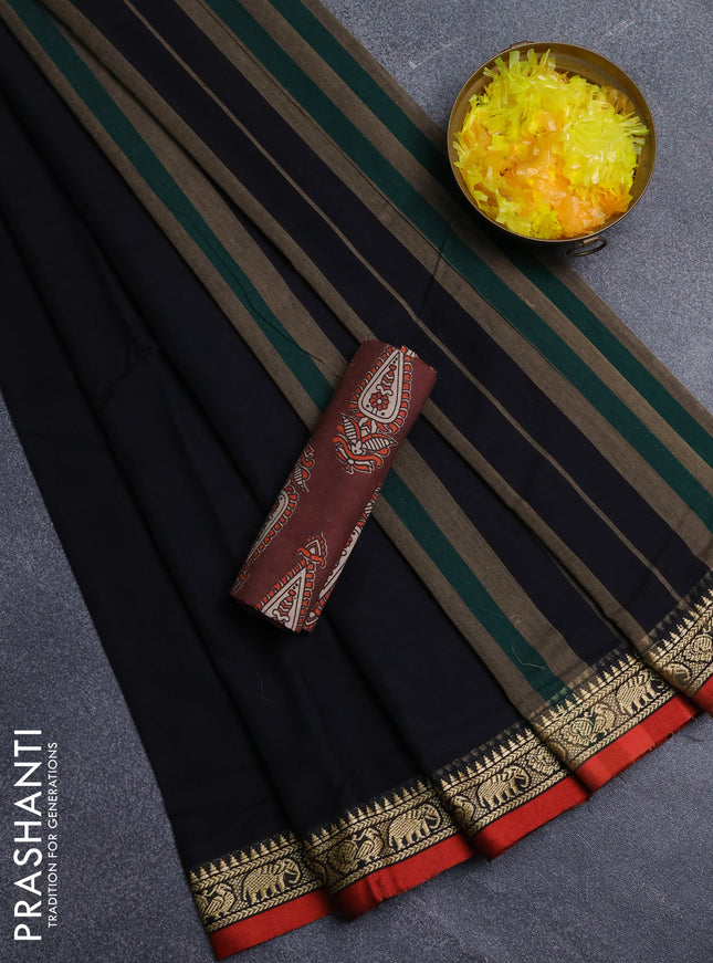 Narayanpet cotton saree black and deep maroon with plain body and thread woven border