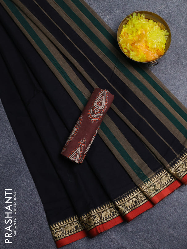 Narayanpet cotton saree black and deep maroon with plain body and thread woven border