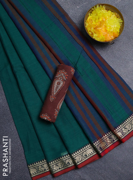 Narayanpet cotton saree green and deep maroon with plain body and thread woven border