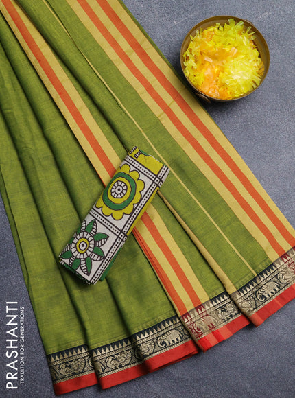 Narayanpet cotton saree light green and beige with plain body and thread woven border